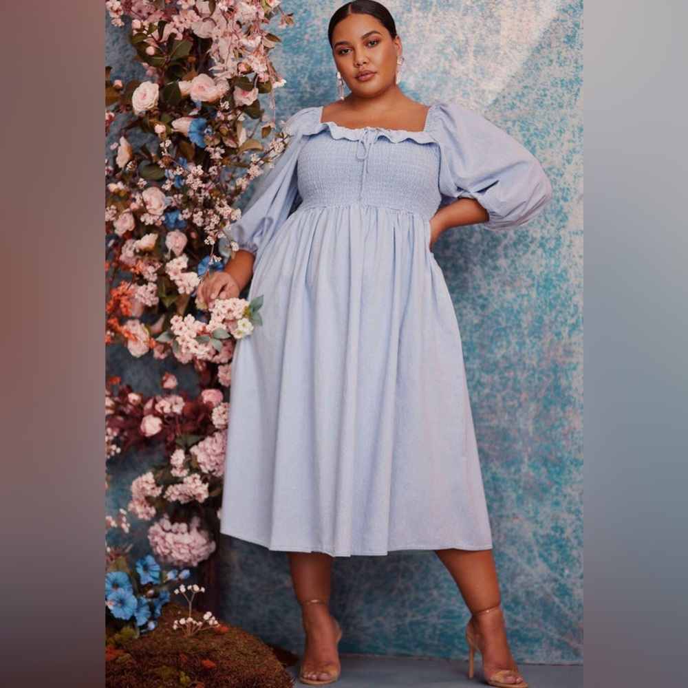 ELOQUII Elements Smocked Bodice Chambray Dress